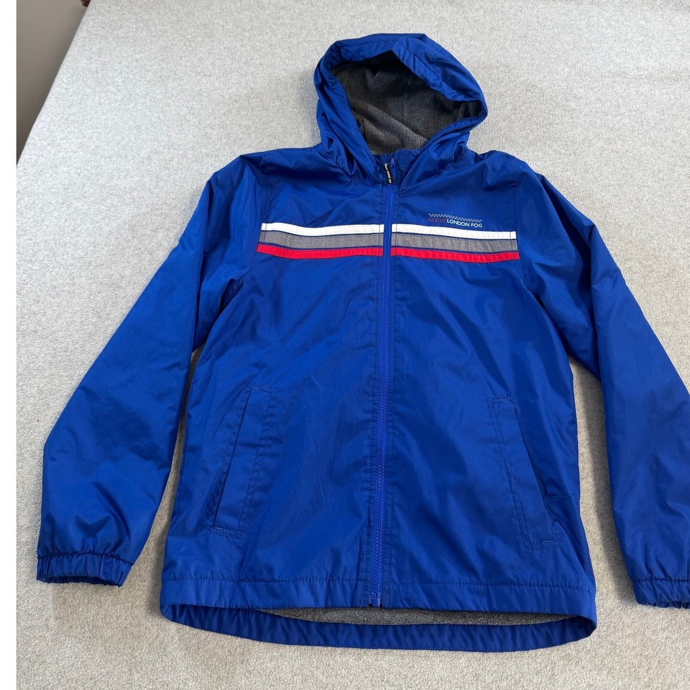 London Fog Windbreaker Men Small Blue Fleece Lined Hooded Striped‎ Jacket Good